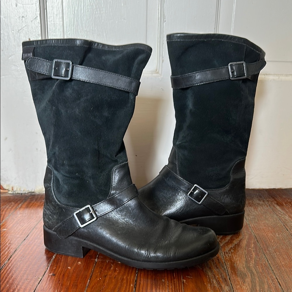 Camper Black Leather and Suede Slouch Boots size 40 with buckled straps